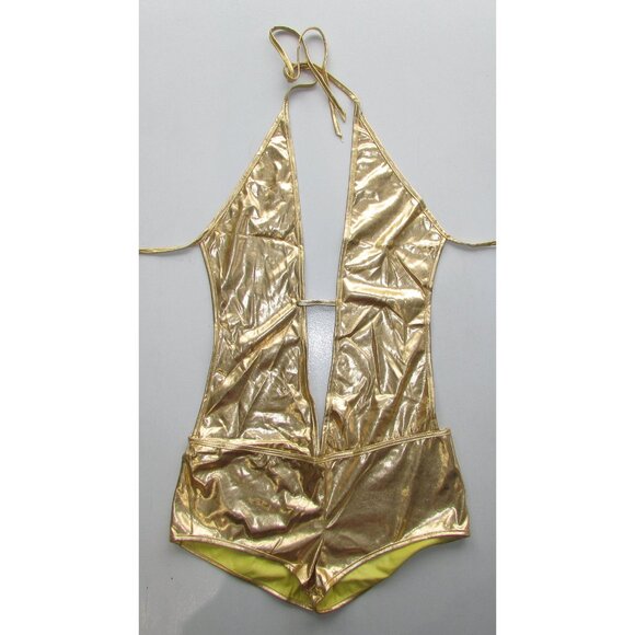 Gold Metallic Booty Shorts 1 Pc Romper - NEW - Picture 2 of 8